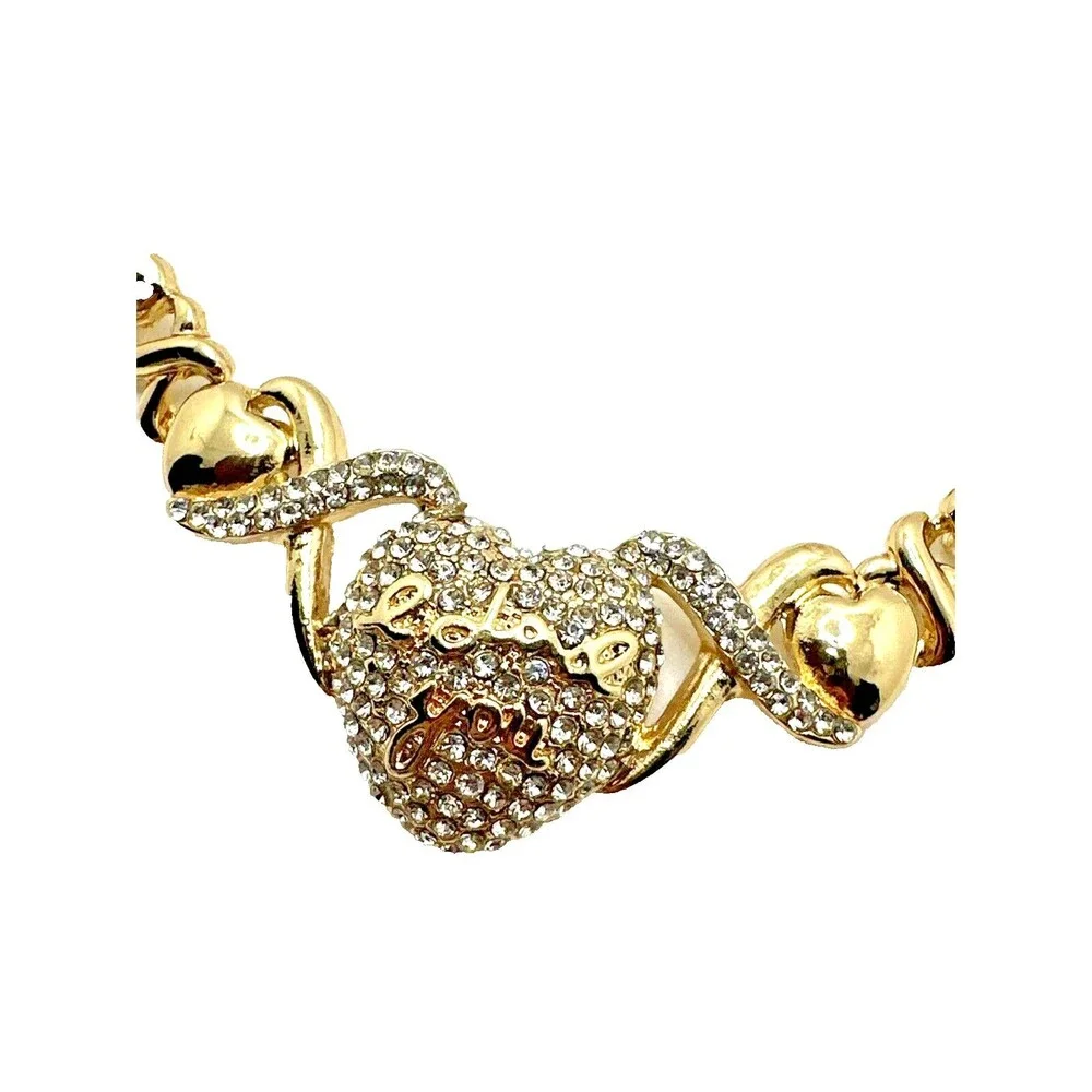 Gold Tone Rhinestone Heart Necklace Bracelet Set I Love You Pave Statement